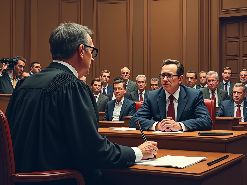 The image captures a tense moment in a courtroom setting, featuring a judge and a serious-looking man seated at the center, presumably the defendant or a key figure in the proceedings. The room is filled with onlookers who appear absorbed in the unfolding legal drama. The atmosphere is formal, with a focus on the interaction between the judge and the man in the suit, highlighted by the rich wooden tones of the courtroom decor.