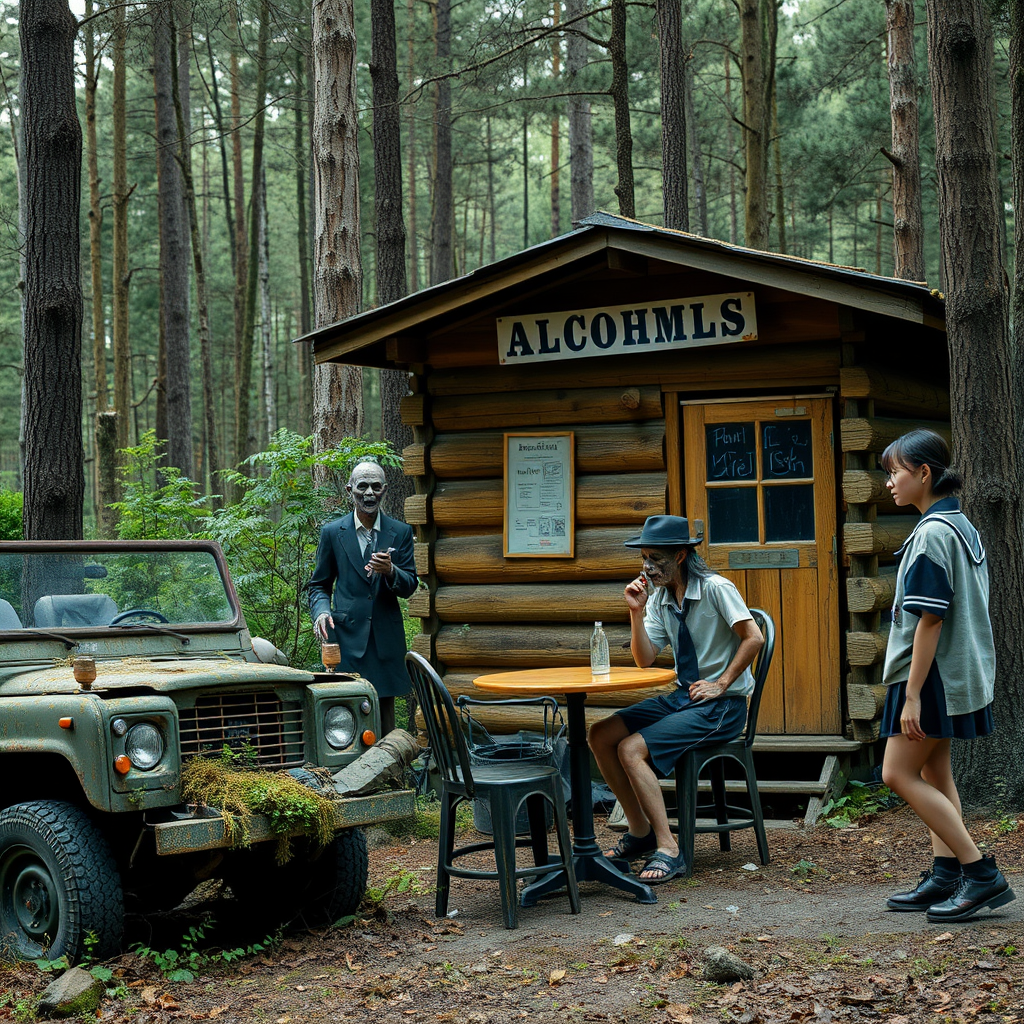 People gather at a peculiar log cabin in the woods, with an abandoned vehicle nearby.