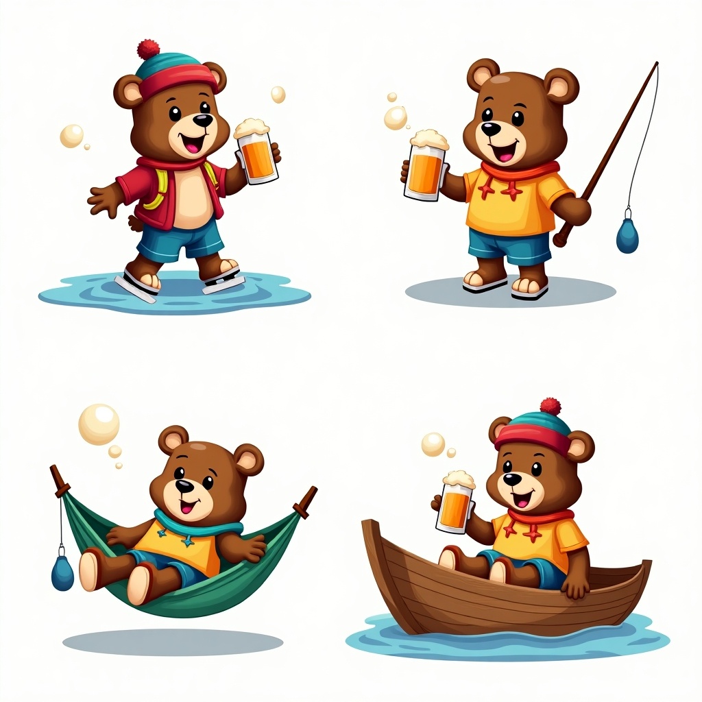 This image features a series of cartoon bears in playful poses, each holding a beer. One bear is ice skating, dressed in a colorful sweater and hat. Another bear is fishing with a rod in hand, also enjoying a cold drink. A third bear is relaxing in a hammock, comfortably holding a beer. Lastly, there’s a bear seated in a wooden boat, posing with a beer in hand. All characters wear cute and casual clothing suited for outdoor activities, radiating fun and adventure.