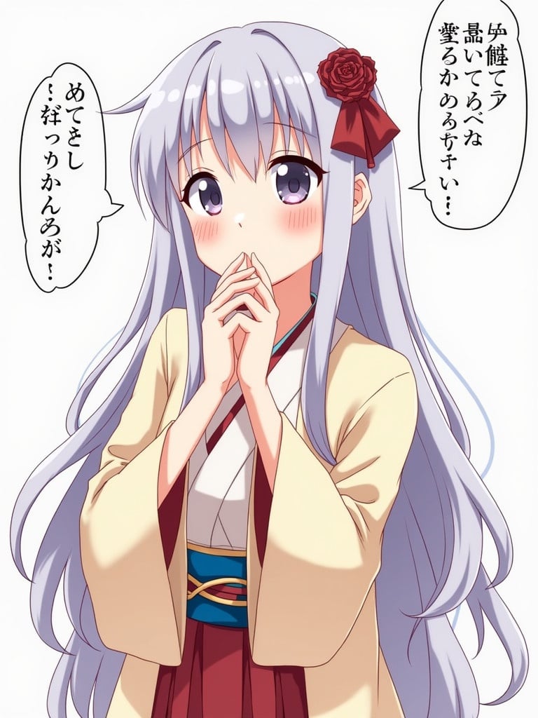 Thoughtful anime character in traditional attire. Long light hair with a rose accessory. Japanese text surrounds character. Soft pastel colors enhance the calm feel.