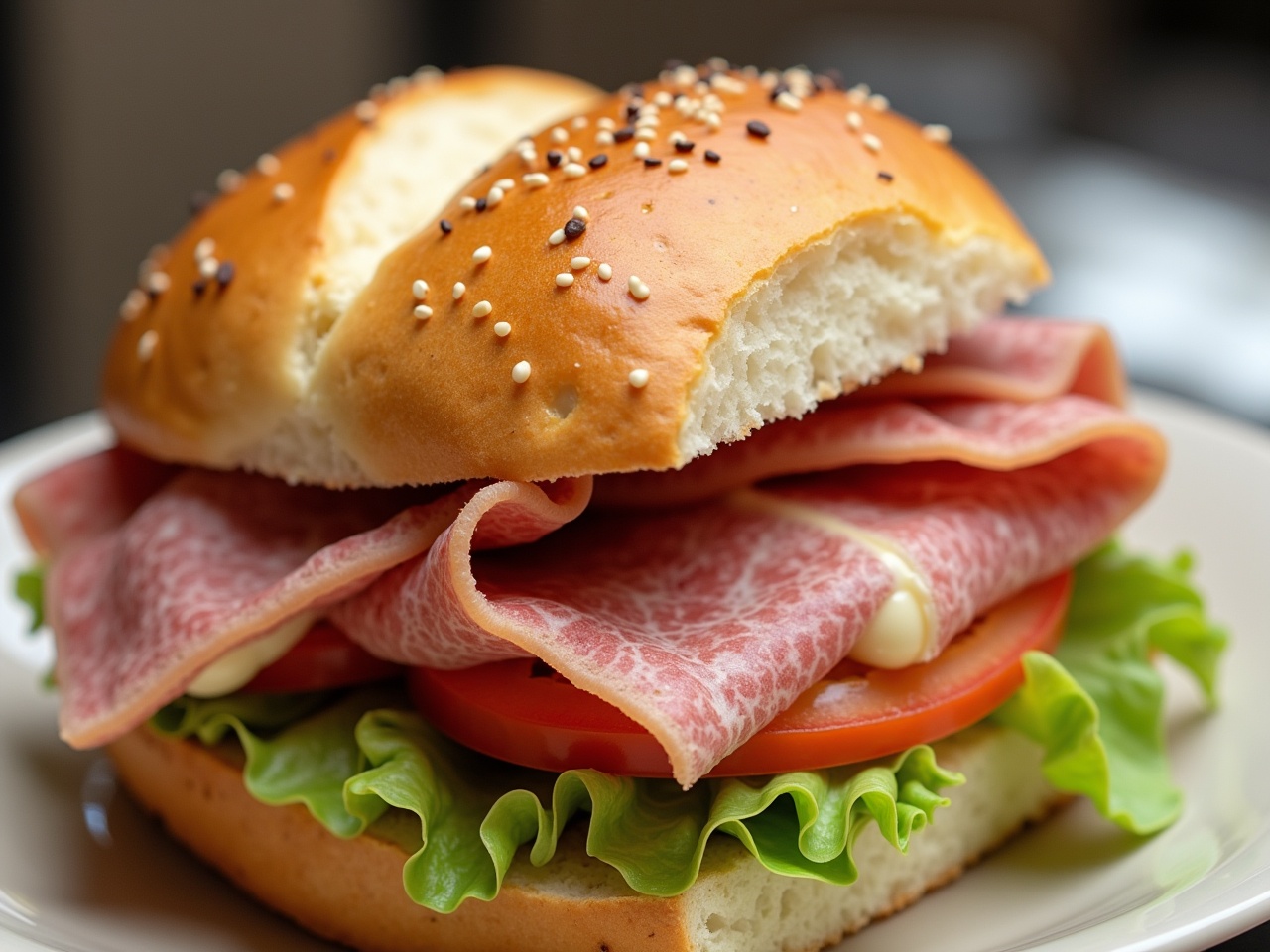 This image features a delicious ciabatta sandwich packed with layers of cooked pastrami, slices of mozzarella cheese, ripe tomatoes, and fresh iceberg lettuce. A generous dollop of mayonnaise adds a creamy texture to the sandwich. The ciabatta roll is golden brown, with sesame seeds sprinkled on top, enhancing its visual appeal. The presentation is inviting, making it look like a perfect lunch option. This sandwich is a delightful combination of flavors and textures, ideal for food lovers and sandwich enthusiasts.