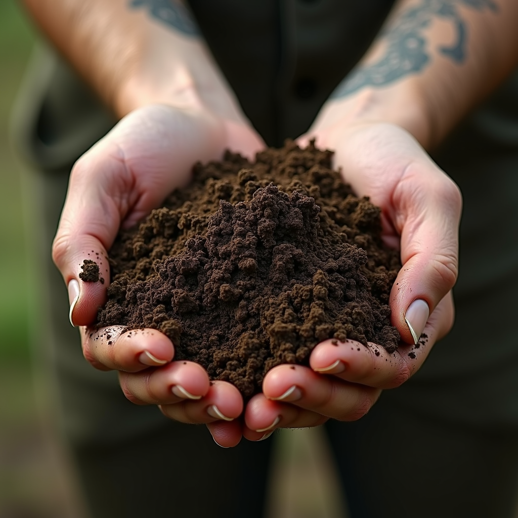 A close-up of tattooed hands gently holding a pile of rich, dark soil.