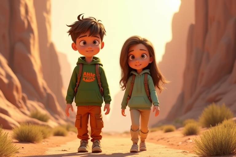 Highly detailed 3D artwork of two teenagers walking in a desert landscape. The boy wears a green hoodie with an adventure logo and orange cargo pants. The girl wears a light green hoodie and beige cargo pants. Both have backpacks. The scene features towering rock formations and golden sunlight.