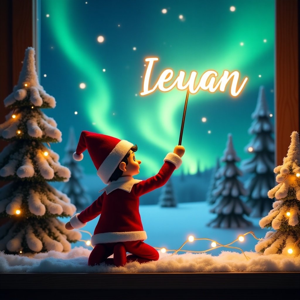 An enchanting Christmas scene depicts a playful elf on the shelf. Dressed in traditional red and white, the elf faces the sky with its back to the viewer. It wields a magic wand, creating glowing words 'Ieuan' above. The backdrop features stunning northern lights that fill the scene with vibrant colors. Snow-covered trees adorned with twinkling lights enhance the festive atmosphere, bringing joy to the holiday setting.