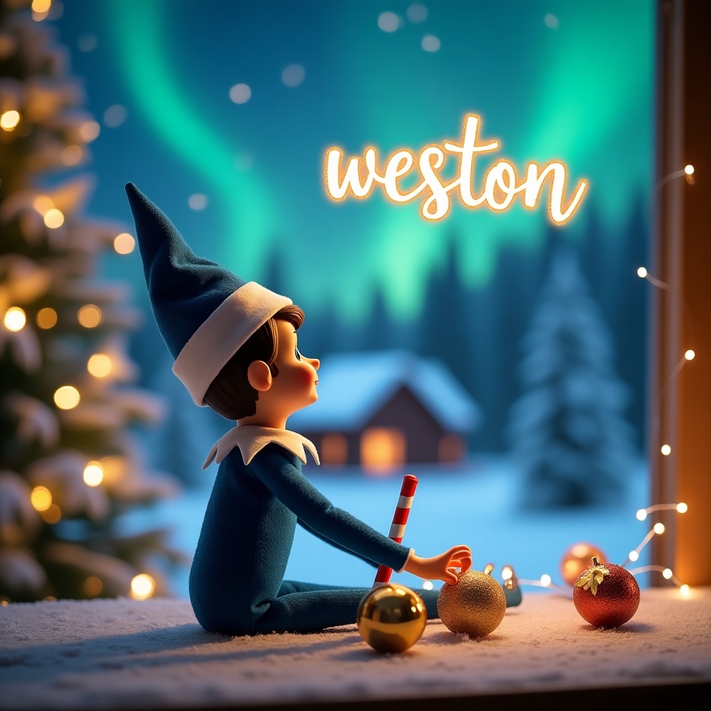 A charming Christmas elf dressed in cheerful blue attire, complete with a hat, is focused on writing names on decorative baubles. The elf has a playful expression and is sitting at a wooden table surrounded by holiday decorations. The background features a softly lit Christmas tree adorned with twinkling lights. The elf holds a red and white candy cane, adding to the festive atmosphere. This scene evokes a sense of holiday cheer and delightful anticipation. The names being written include 'Kelsi', 'Coby', 'Lewis', 'Jazmine', and 'Lottie', emphasizing a personal touch for the festive season. An elf on the shelf is seated on a snowy ground, with his back facing the viewer as he gazes upward, holding a shimmering magic wand, enchanting the night sky. Above him, the name 'weston' is written in elegant, sparkling letters amidst a backdrop of vibrant northern lights. The scene is magical, embodying the essence of Christmas with soft snow covering the landscape and a cozy cabin visible in the background.