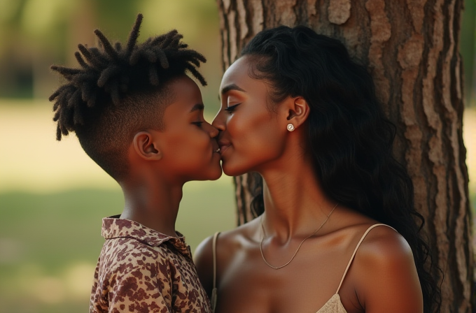 A woman and a young boy share a gentle kiss in front of a tree.