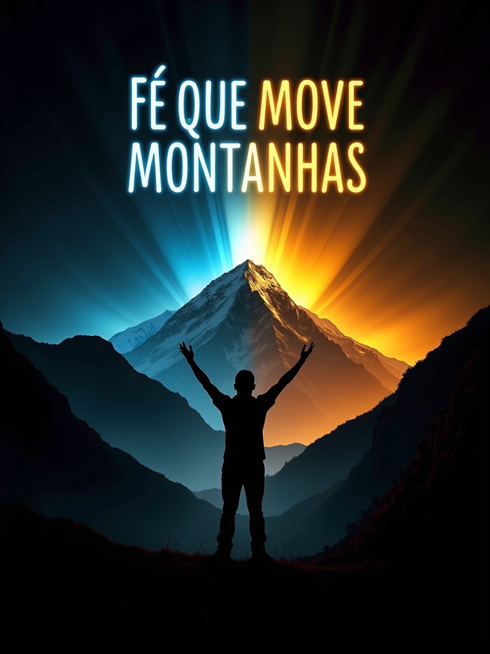 A silhouette of a person with arms raised in front of a majestic mountain, with a shining sun and vibrant colors representing faith and hope, with text 'Fé que move montanhas'.