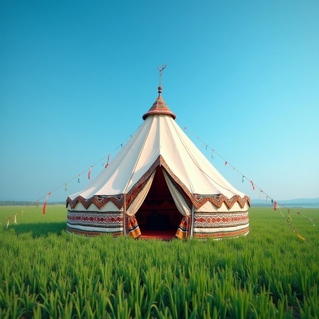 Tent in the middle of a green field with clear blue sky.