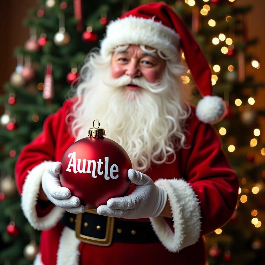 Christmas theme featuring Santa Claus holding a red ornament labeled Aunt and Uncle. Background includes Christmas tree and festive decorations.