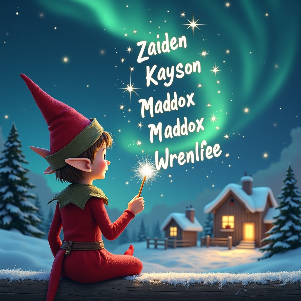 An elf sits on a wooden ledge with its back to the camera, gazing at a magical sky. The elf, dressed in a red outfit with a pointed hat, holds a sparkling wand. With the wand, the elf elegantly writes the names 'Zaiden', 'Kayson', 'Maddox', and 'Wrenlee' in the starry sky. The background features a snowy landscape with charming little houses and evergreen trees under the shimmering Northern Lights. This whimsical scene captures the essence of childhood magic and Christmas cheer.