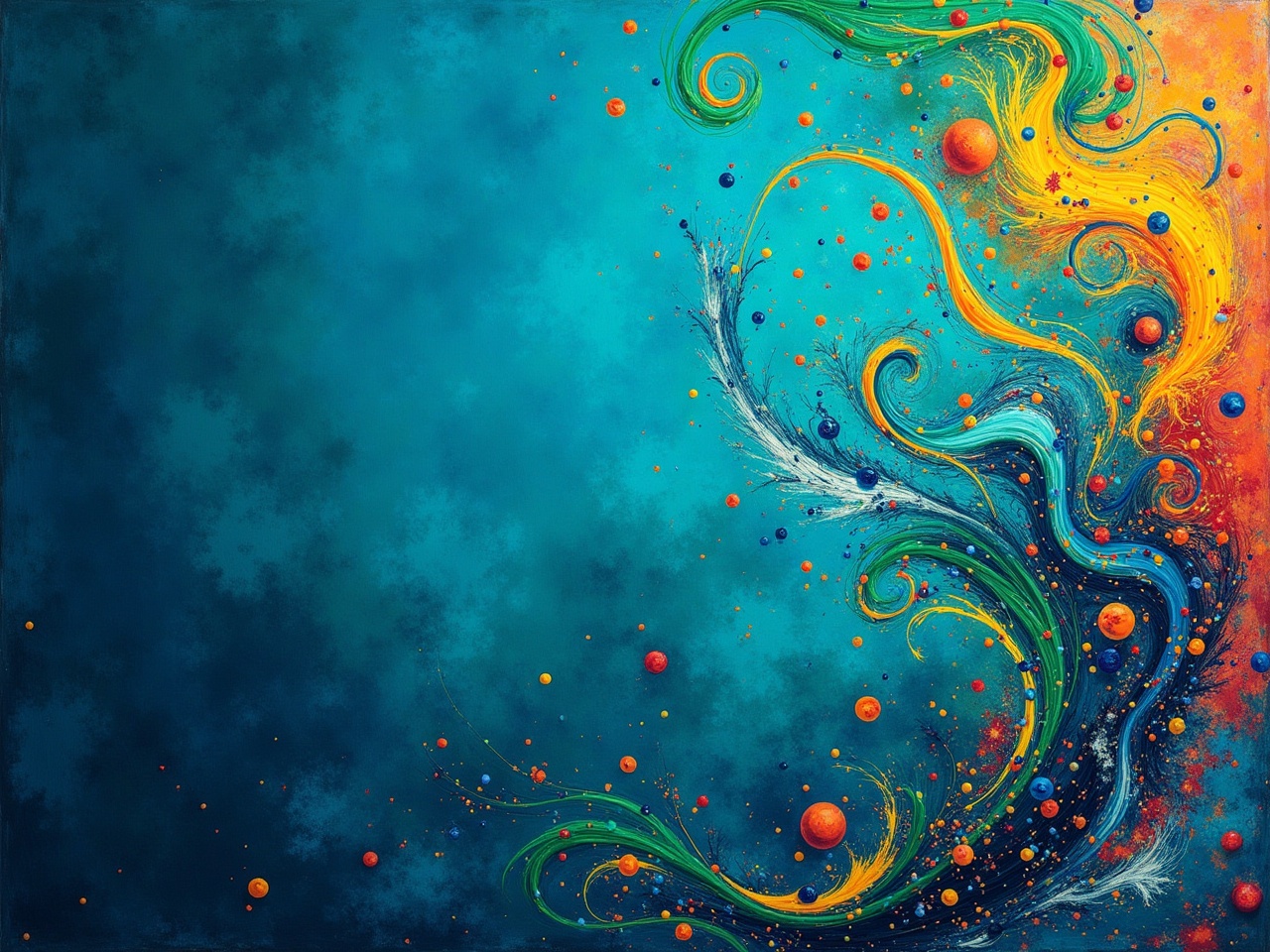 The image should feature a vibrant and dynamic abstract design. The primary color is a deep, rich blue that forms the background. Swirling shapes and patterns dance across the canvas, creating movement and energy. Bright colors like teal, green, yellow, and orange are interspersed throughout, adding contrast and drawing the eye. Overall, the composition evokes a sense of excitement and liveliness, reflecting a tropical or energetic theme.