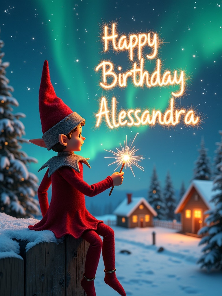 An elf in red sits on a wooden ledge. The elf gazes at a magical sky while holding a sparkler. The sparkler writes Happy Birthday Alessandra in bright light. Behind the elf, there are charming houses and evergreen trees. The scene is under colorful Northern Lights. The atmosphere is whimsical and festive.