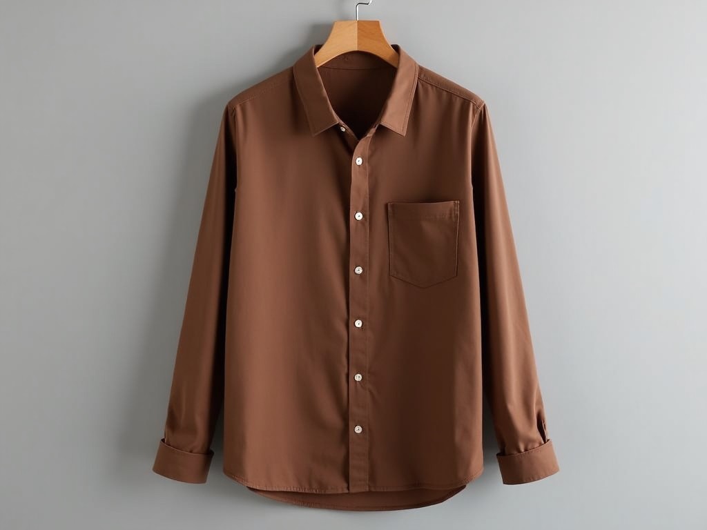 The image depicts a brown long-sleeve shirt displayed on a wooden hanger against a light grey background. The shirt features a classic design with a collar and button-down front. It has a single chest pocket for added detail. The fabric appears smooth, showcasing a casual yet stylish appeal. Ideal for both casual and semi-formal occasions, this shirt can be paired with various outfits to enhance versatility.