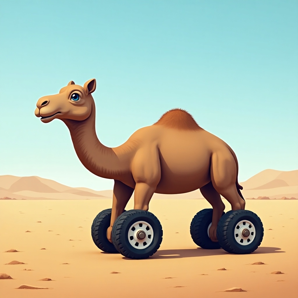 The image features a whimsical cartoon camel that has car wheels instead of hooves. This camel is set against a bright blue sky and a sandy desert backdrop. Its expression is friendly and curious, inviting viewers to engage with its unique design. The wheels give it a humorous and surreal appearance, making it stand out. Overall, the scene captures a playful blend of animal and automotive elements, creating a fun visual experience.