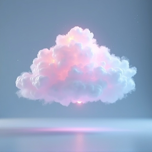 A digital representation of a holographic cloud. The cloud appears fluffy with soft pink and purple tones. Background is a serene light blue with a calm reflective surface underneath.