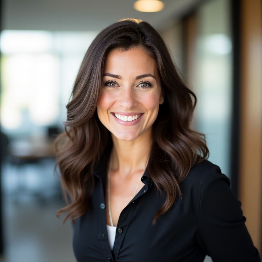 Portrait of a young professional woman with long, wavy hair smiling at the camera. The background shows an office environment. She is wearing a black business shirt. Bright lighting enhances her friendly expression.