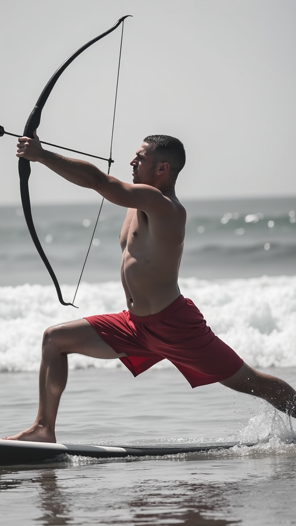 A man with a bow and arrow in a warrior stance on a surfboard, poised against ocean waves in bright sunlight.