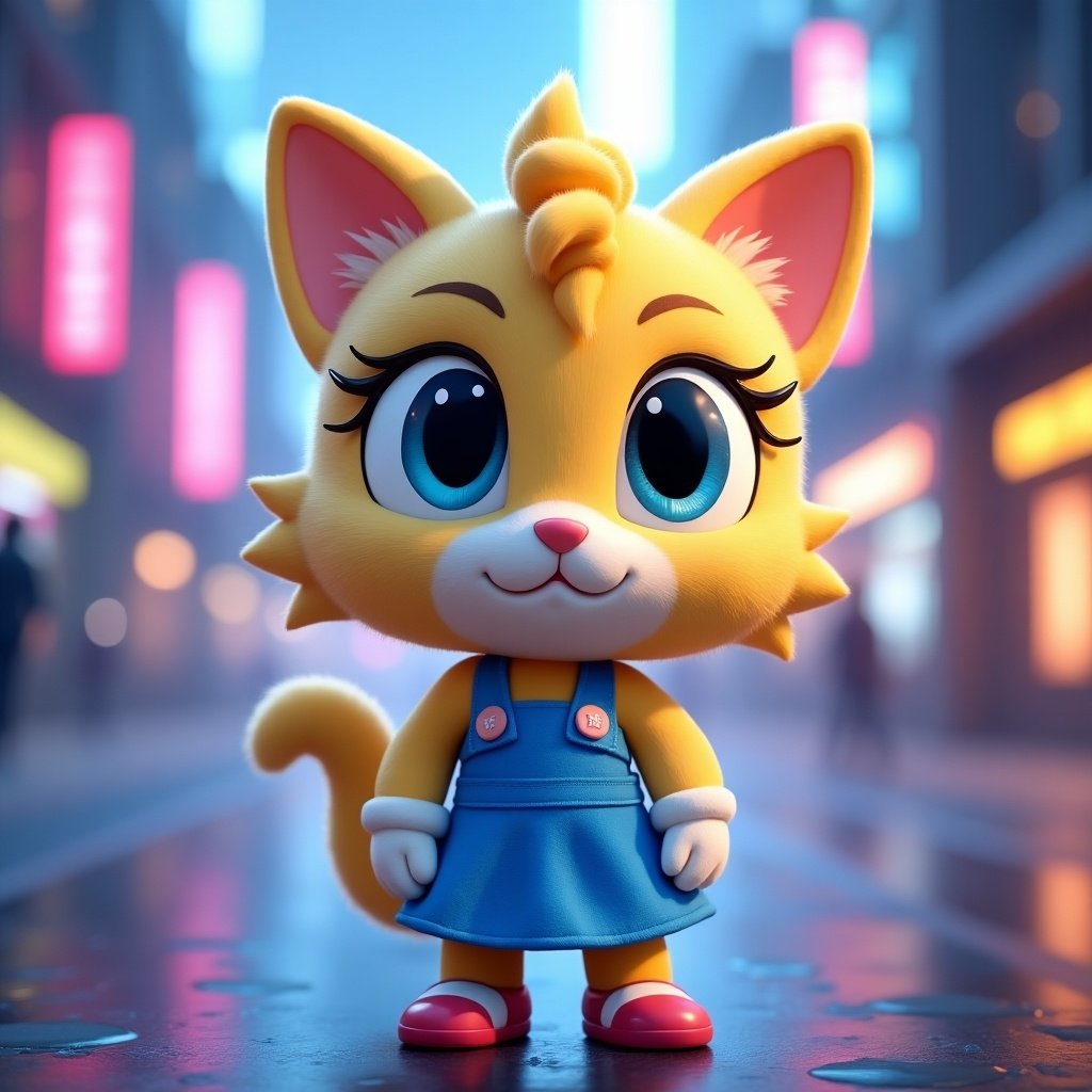 A 3D anthropomorphic cat character designed in a vibrant and modern style. Cat is blonde with blue eyes, wearing a blue dress and white belt. Character has realistic fur textures and a cute expression. Background features a futuristic city with neon lights and motion.