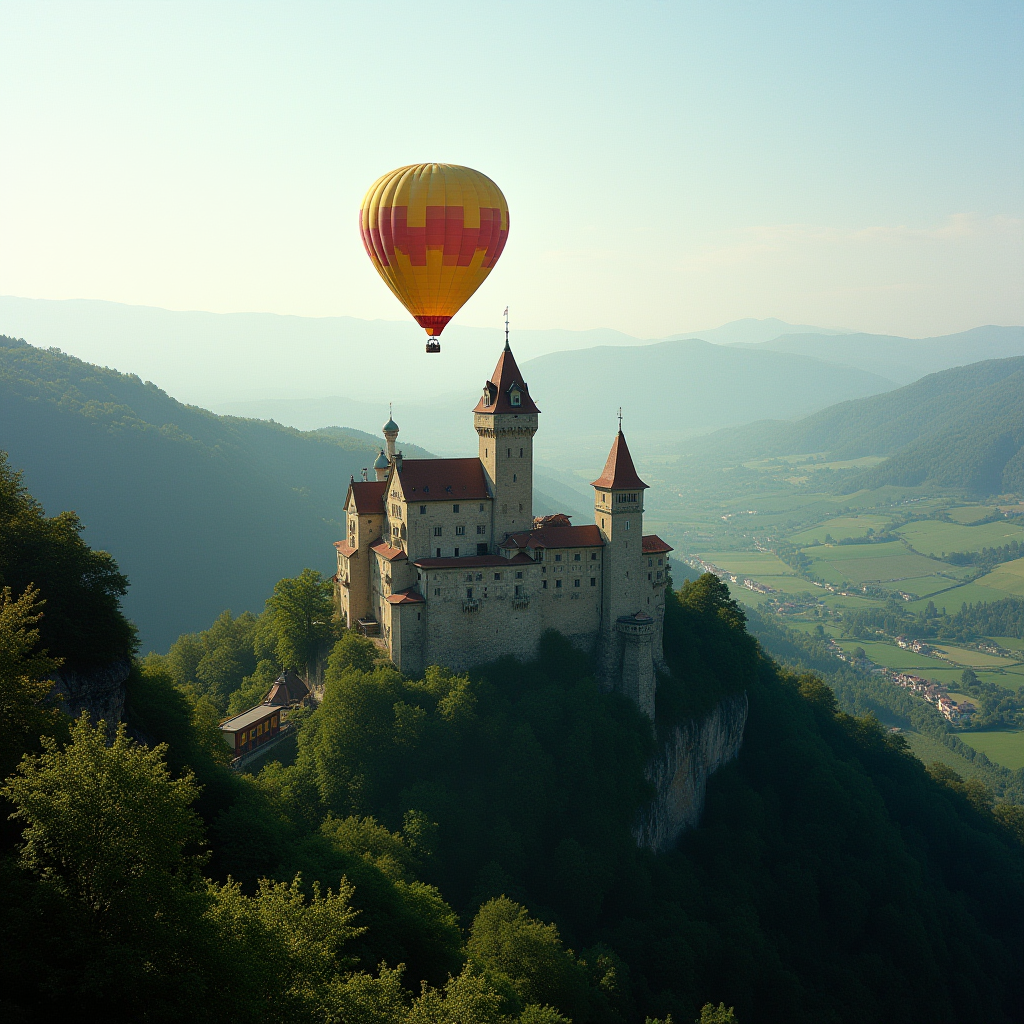 The image depicts an enchanting medieval castle perched on a lush, green hill. The castle features tall, pointed towers with red roofs, which add an element of fairy-tale charm. Above the castle floats a vibrant, colorful hot air balloon, primarily in shades of yellow and orange. The background consists of rolling hills and a bright, clear sky, contributing to a serene, majestic atmosphere. This scenic view combines the beauty of historical architecture with the tranquility of a peaceful, natural landscape.