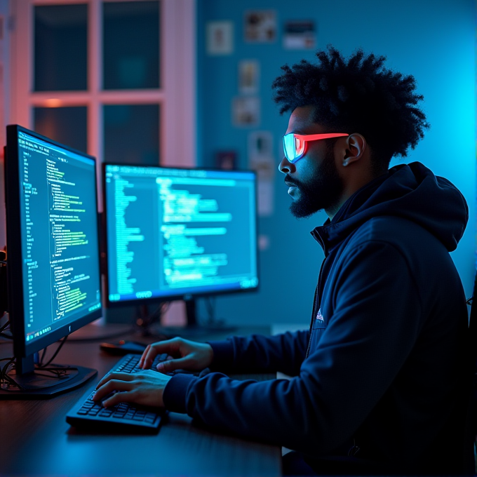 A person wearing red-tinted glasses is intensely working on code at a dual-monitor setup in a dimly lit room with a blue ambiance.