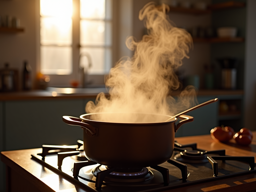 A pot on a lit stove, emitting steam in a sunlit kitchen.