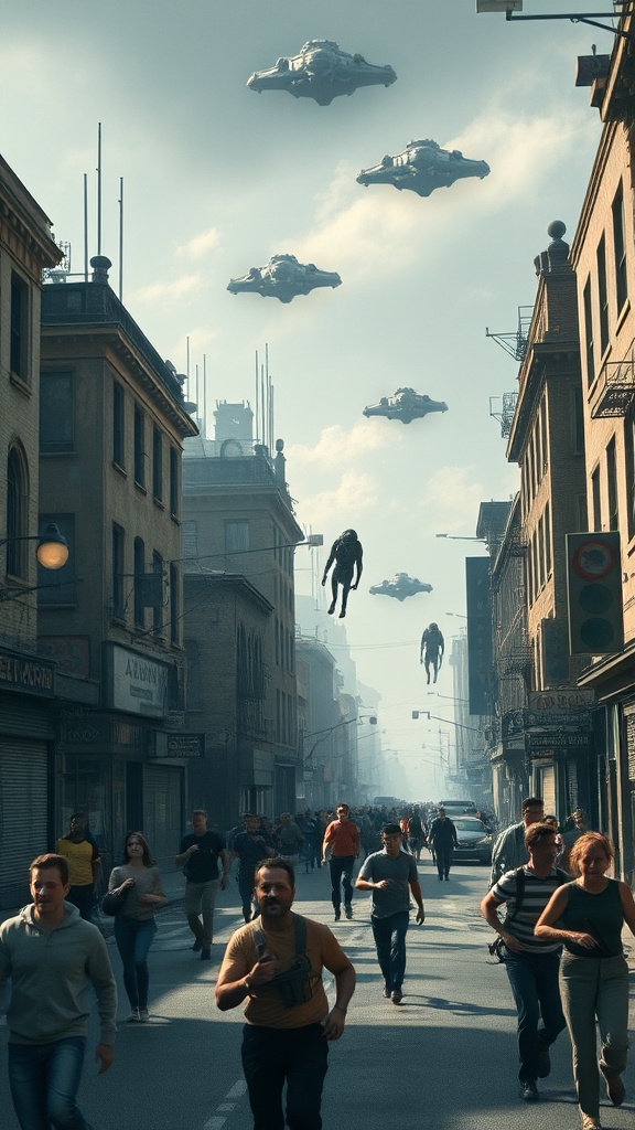 A dramatic scene of UFOs and floating figures causing panic in a bustling city.