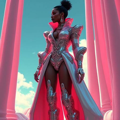 Futuristic avant-garde couture focuses on a stylish and luxurious design. The setting depicts an alternate dimension featuring opulent elements. The figure showcases stunning high fashion with a sculptural and edgy appearance. Accessories enhance the galactic theme, reflecting a fantasy and dreamlike quality.
