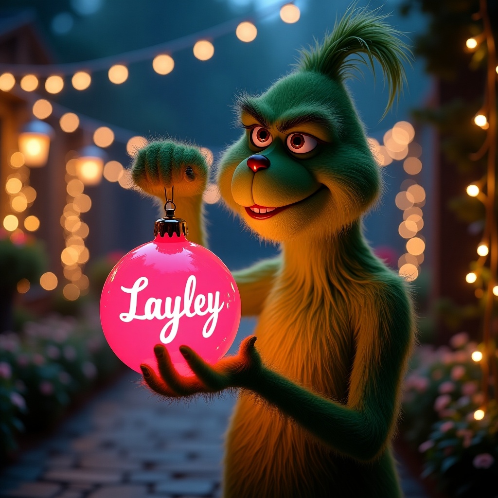 Scene features a Grinch in a night garden. Grinch holds a glowing pink Christmas bauble with text Layley. Twinkling lights create a festive atmosphere.