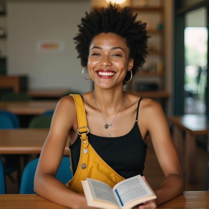 A smiling person with short curly hair holds an open book in a cozy room.