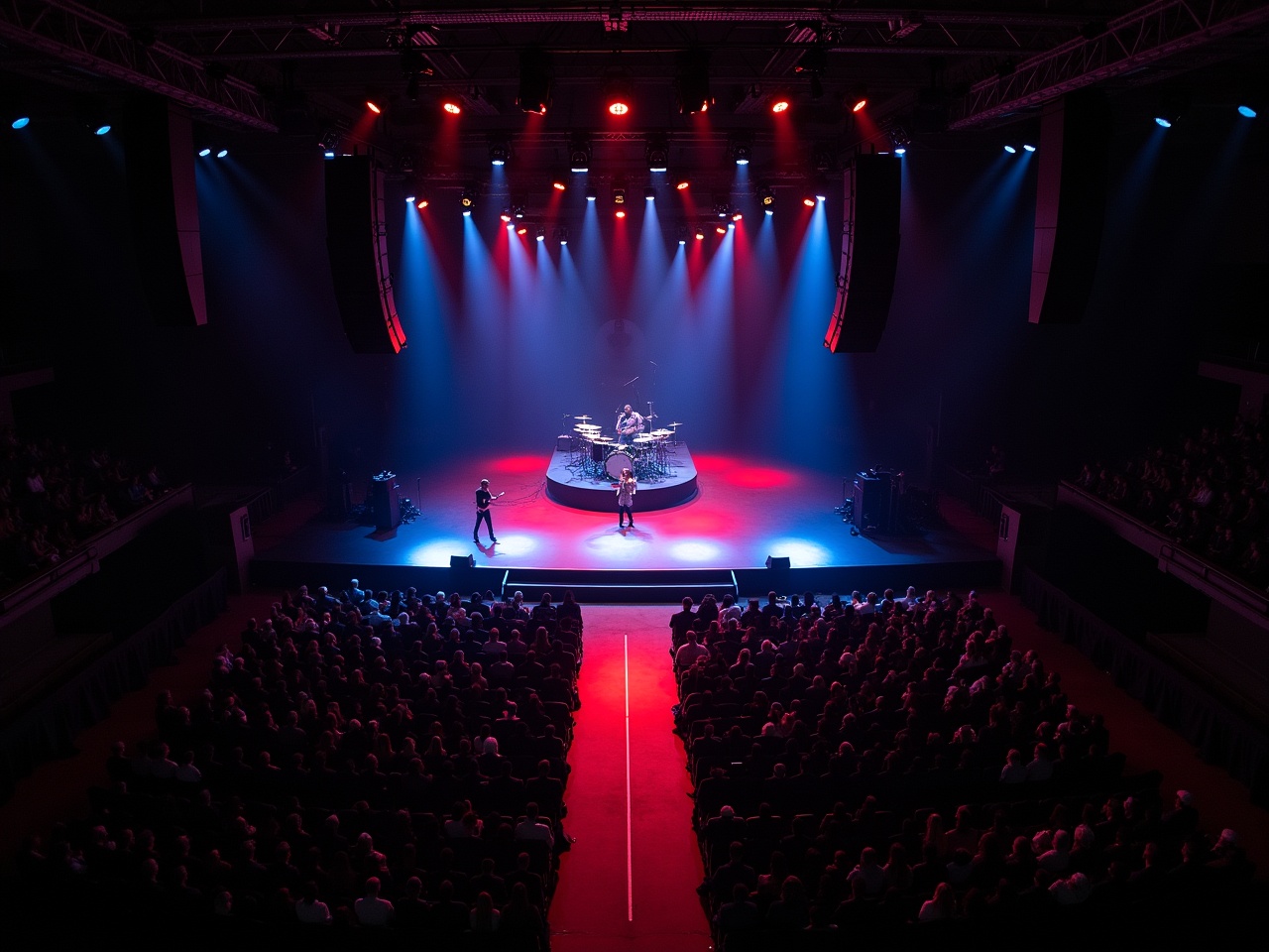 This image captures an electrifying concert scene featuring Roddy Rich performing at Madison Square Garden. The view is from above, resembling a drone perspective, allowing for a comprehensive look at the stage and audience. The stage includes a T-shaped runway, enhancing the visual dynamics of the performance. Colorful spotlights in red and blue illuminate the artists and the surrounding area, creating an energetic atmosphere. The large crowd is captivated, reflecting the excitement of a live musical event.