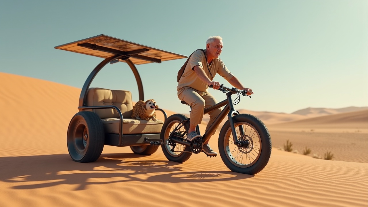 A man rides a modern bicycle designed for desert terrain, pulling a trailer with a comfortable seat and a happy dog as a passenger. The trailer is equipped with a solar panel, highlighting a blend of technology and adventure in a sunlit desert landscape. The image captures a sense of innovation and freedom in travel.