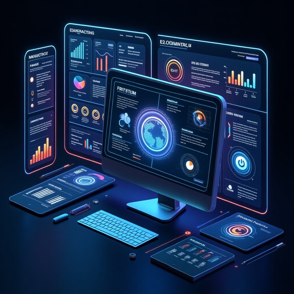 Image displays a futuristic ERP system design. Emphasizes finance, manufacturing, and e-commerce sectors. Includes multiple digital devices showcasing data analytics and performance metrics.