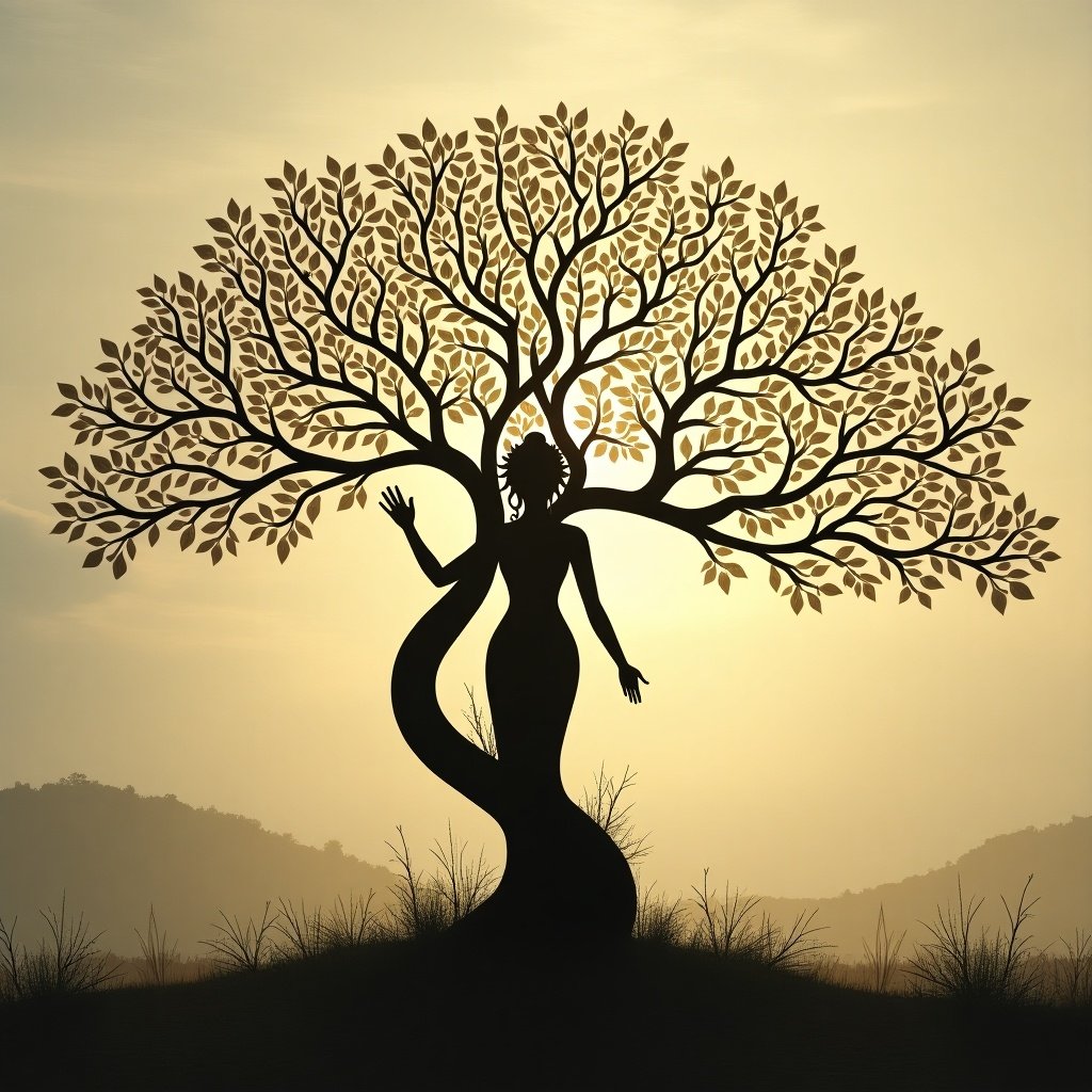 The image depicts a large silhouette of a tree, intertwined with the figure of a woman representing Saraswati, the Hindu goddess of knowledge and arts. The tree has intricate branches and abundant leaves, symbolizing growth and wisdom. The lighting creates a striking effect, illuminating the edges of the figure and tree against a backdrop of soft colors. This artwork blends nature with spirituality, showcasing a serene landscape. The peaceful scene evokes feelings of tranquility and inspiration.