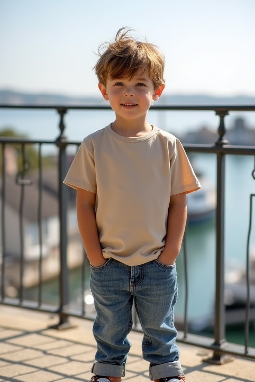 Young boy stands on balcony wearing large natural-colored t-shirt and blue jeans. He has short light brown hair and looks shy. Background shows sunny harbor in Normandy. The scene is peaceful and quiet.