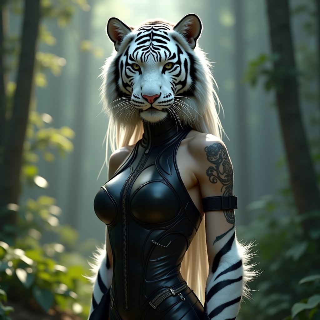 Hybrid woman with tiger features in a sleek black outfit. Surrounded by a lush forest. Ultra-realistic details. 8k resolution artwork. Cinematic lighting effects.