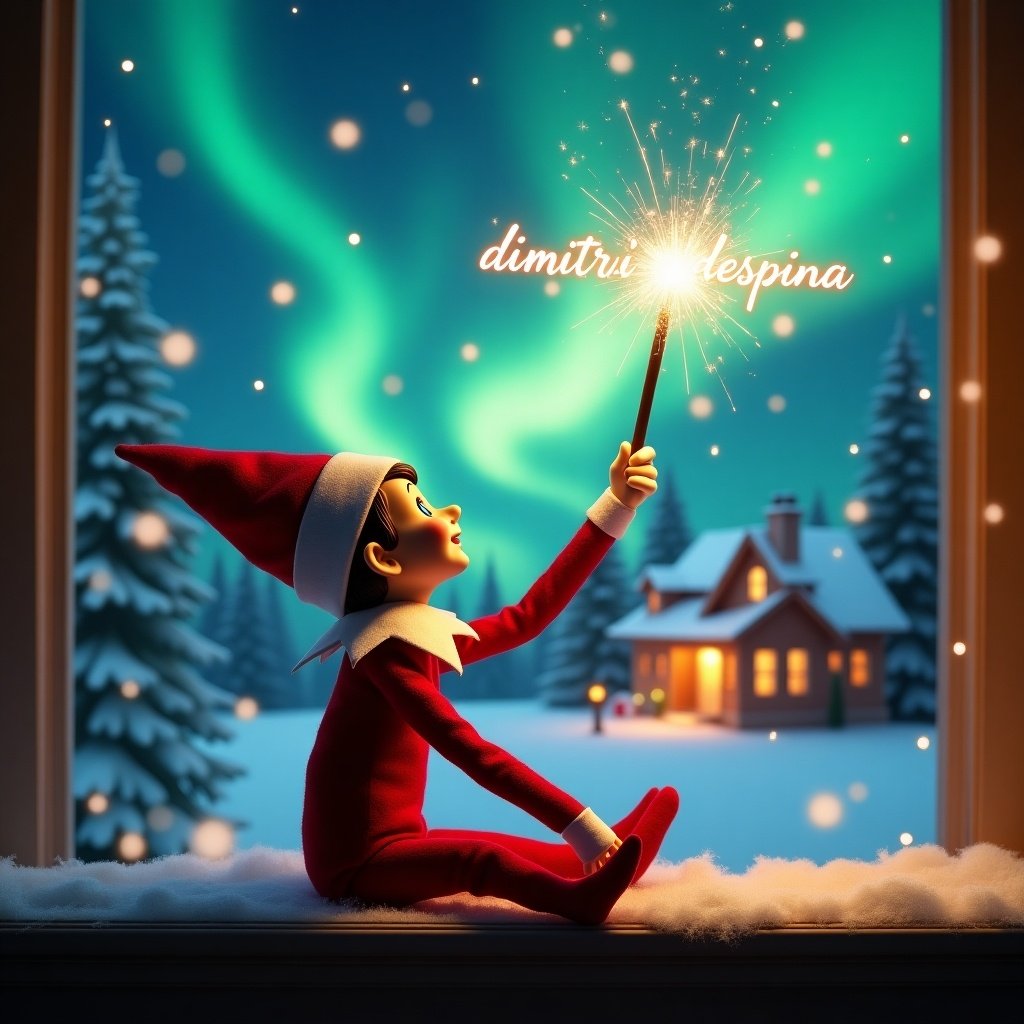 Elf on the Shelf sits back to the viewer gazing skyward. Holds glowing wand emitting light. Background features colorful northern lights. Distance shows cozy house decorated for holidays. Ground covered in snow. Elf embodies spirit of Christmas. Names written in air using the wand.