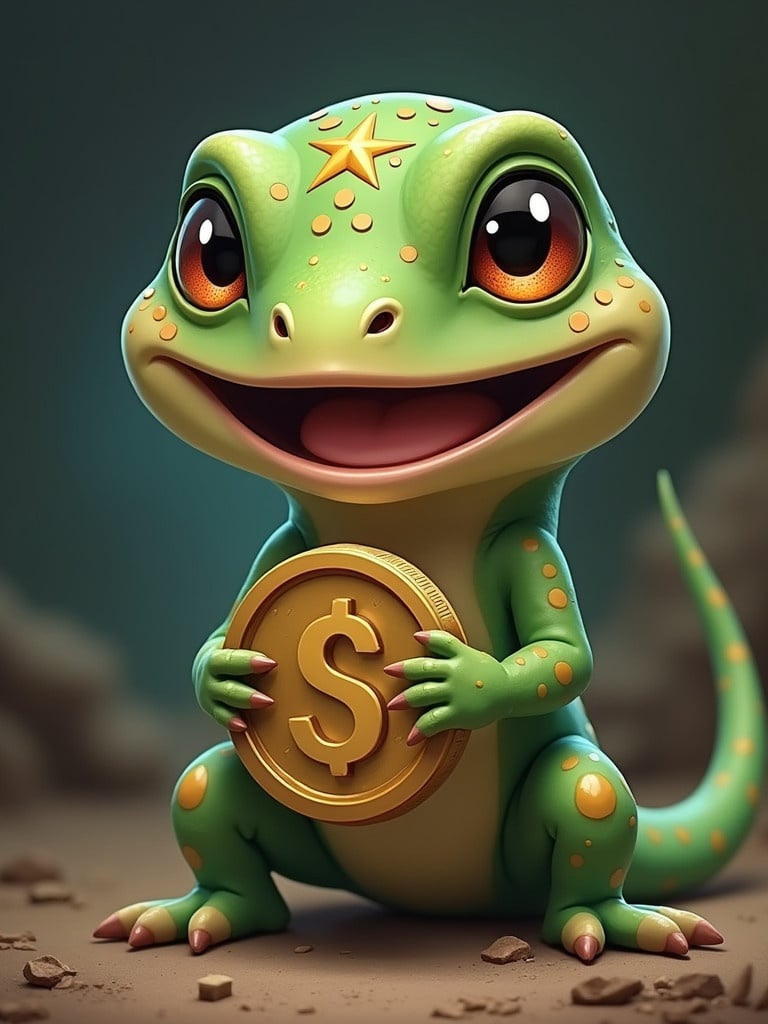 A cute lizard with a star mark on its head. It is holding a coin with a dollar sign. The expression on its face is somewhat creepy but playful. The setting is a simple background with earth tones.