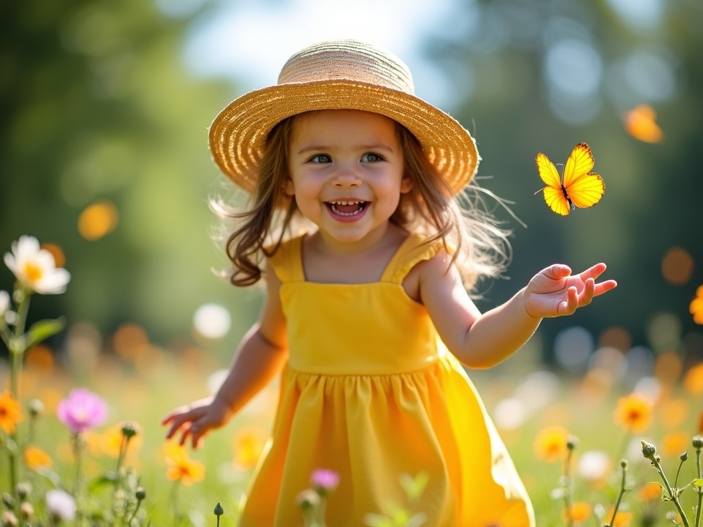 The image captures a joyful moment of a three-year-old girl wearing a sunny yellow dress. She is playfully reaching out to a butterfly fluttering nearby. The setting is a vibrant field filled with colorful flowers, symbolizing a joyful summer day. Her expression radiates happiness and innocence. The warm sunlight enhances the cheerful mood of the scene.