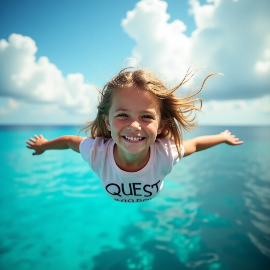 A girl about five years old flies close to the Caribbean sea. She appears happy and confident. Her shirt reads 'quest'. The sky features magical clouds.