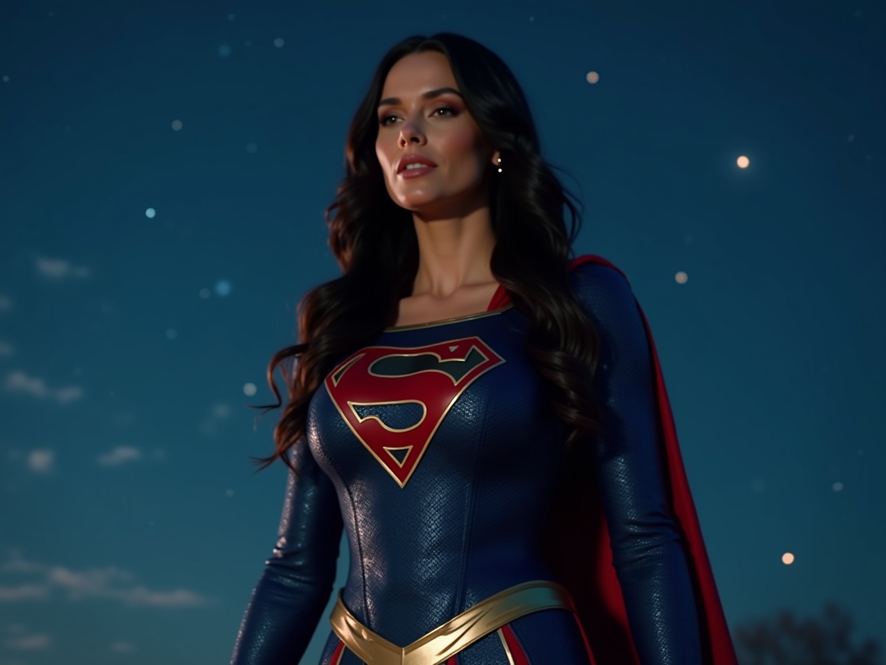 A woman dressed as a superhero with a red cape and emblem in front of a night sky filled with stars.