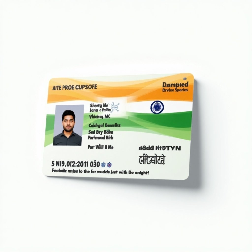 Image of a realistic Indian ID card showcasing Indian flag colors prominently. Features spaces for personal information such as photo, name, and date of birth. Displays unique identification number. Modern layout for clarity and functionality. Serves as a reference for identification documents.