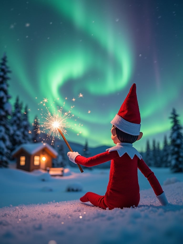 Elf on a shelf with back to viewer gazes skyward holding glowing wand. Colorful Northern Lights fill the sky. Cozy house in distance. Snow covers ground. Elf embodies Christmas magic. Names Milan Rodrigo Angellee Delilah in air from wand.