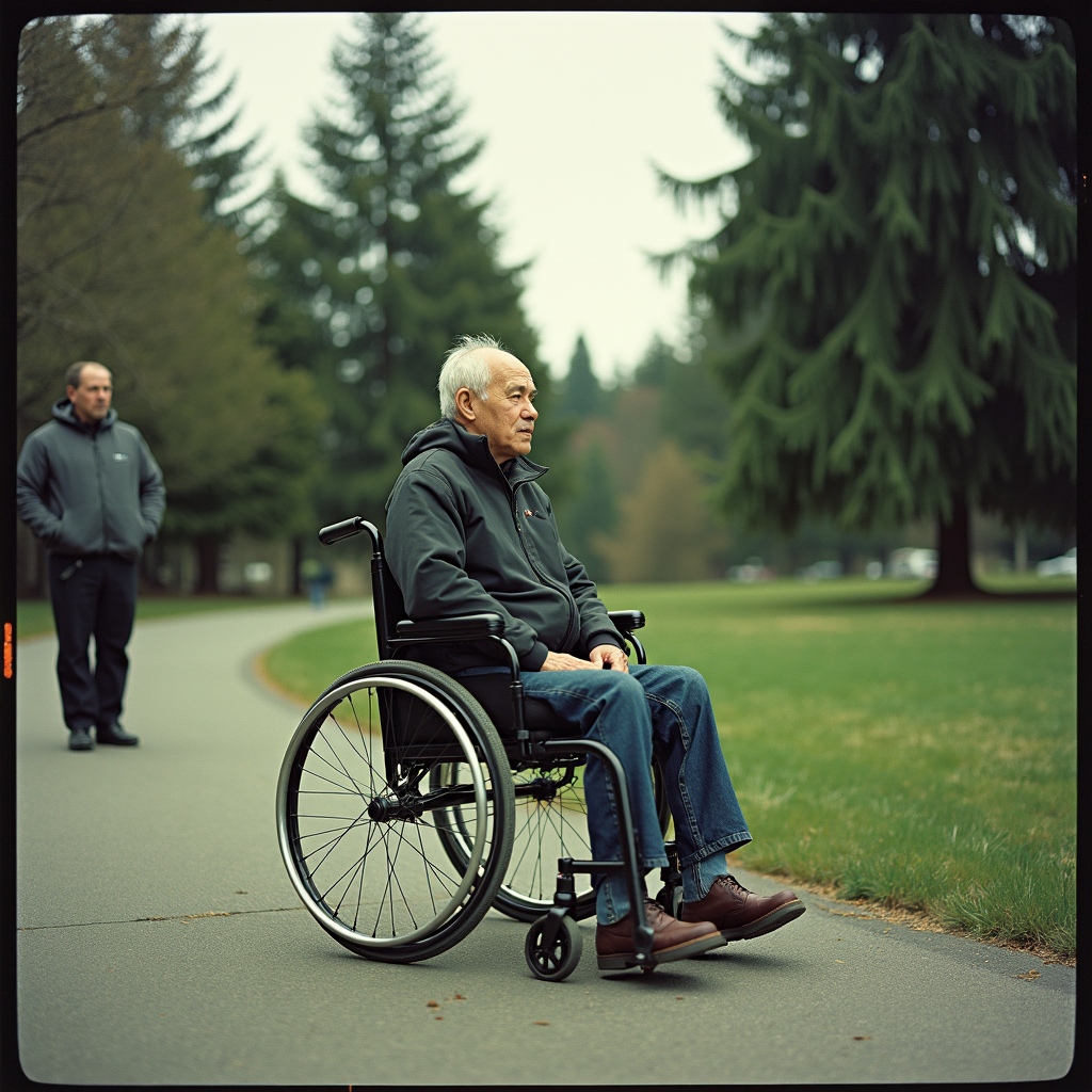 An elderly man in a wheelchair is sitting on a pathway in a lush park, with a younger man walking behind him under overcast skies.