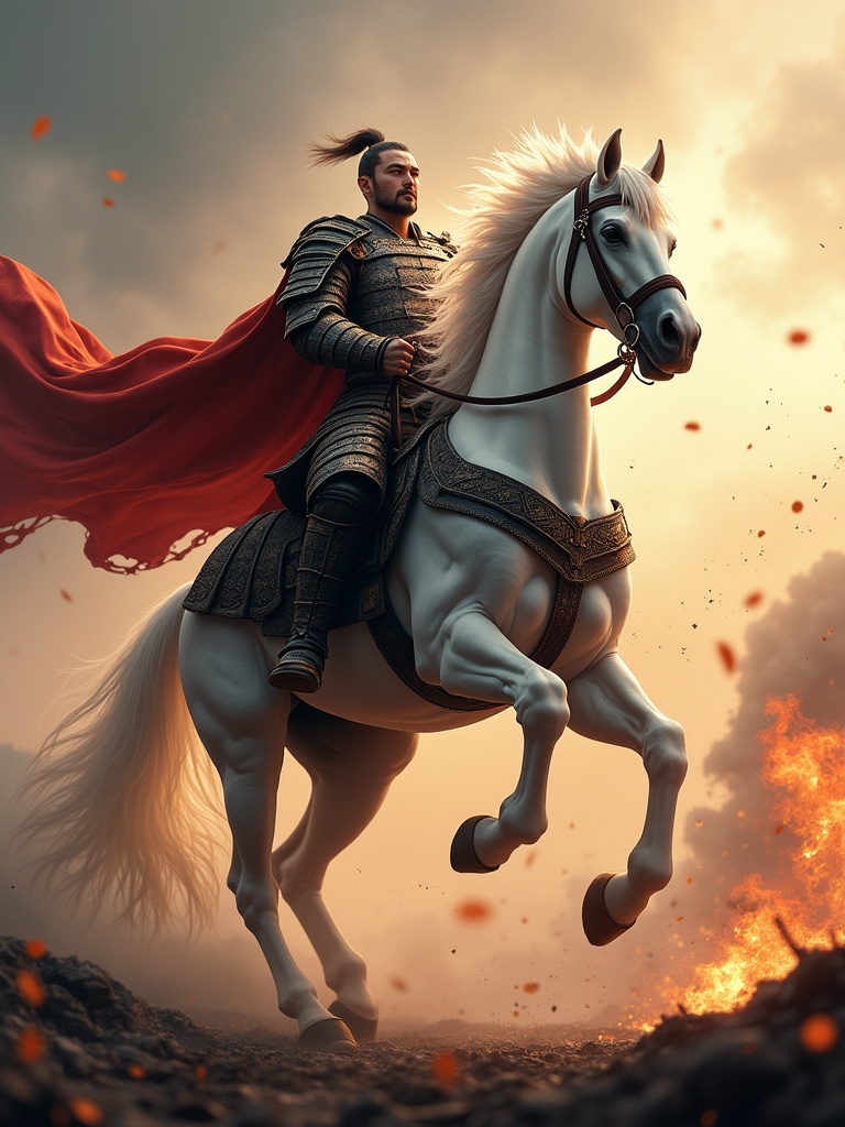 A powerful warrior stands tall on a majestic white horse. Dressed in legendary samurai armor with divine markings. A flowing cape flutters in the stormy winds. Explosions erupt in the background. Warriors clash in chaos. The scene is filled with energy and power. The warrior raises his fist with confidence. He proclaims a festive greeting amidst the battle. A moment of significance captured in time.