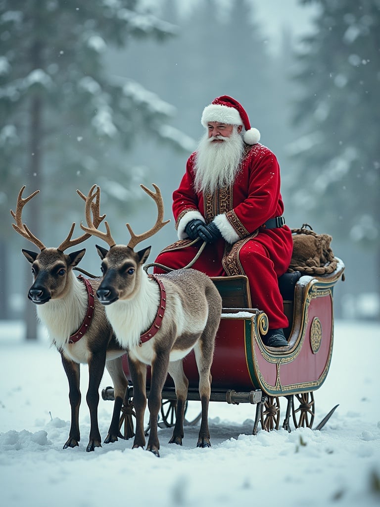 Photo realistic depiction of Santa Claus and his reindeer on a sleigh in a snowy landscape. Traditional red suit worn by Santa while sitting atop his sleigh with reindeer in front.