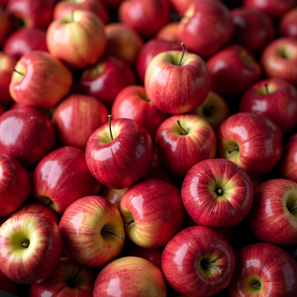 A pile of glossy, vibrant red apples with yellow highlights, fresh and ready to eat.