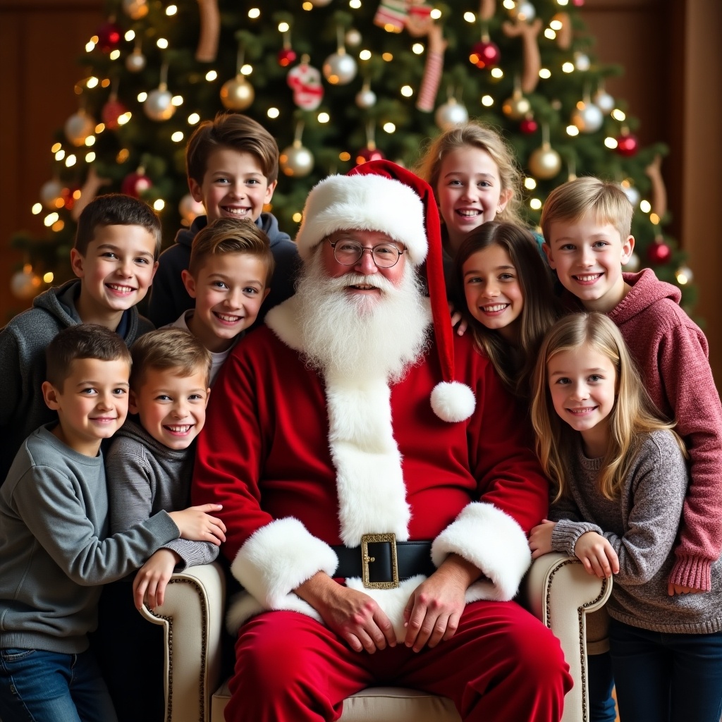 The image features Santa Claus seated on a comfortable chair with a group of cheerful children surrounding him. Santa, dressed in his traditional red suit with white fur trim, has a long white beard and glasses, exuding warmth and joy. The children display a range of expressions from excitement to joy, emphasizing the happiness of the holiday season. Behind them, a beautifully decorated Christmas tree with twinkling lights and ornaments enhances the festive atmosphere. The setting is cozy, making it perfect for holiday memories and celebrations.