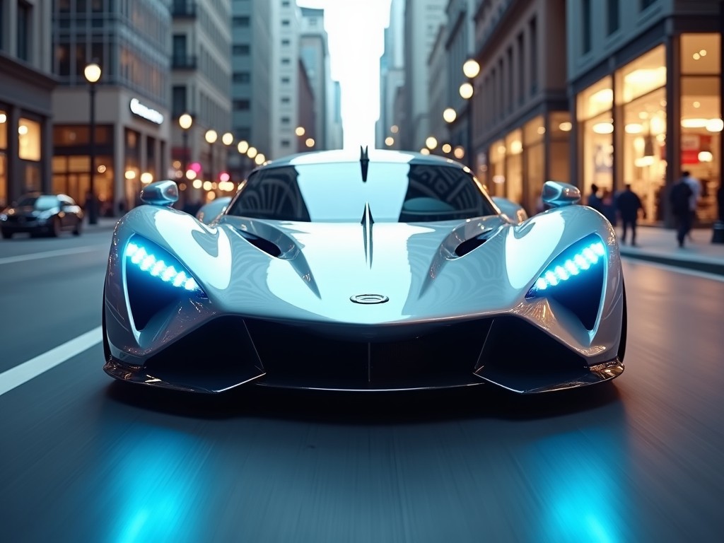 The image showcases a sleek, silver sports car in a bustling urban street. The car is in motion, with striking blue headlights illuminating the surroundings, suggesting high technology and speed. Tall buildings create a modern city atmosphere in the backdrop. A low-angle perspective highlights the car's aerodynamic design, conveying excitement. The overall scene is bright and reflective, emphasizing the car's polished finish and advanced aesthetics.