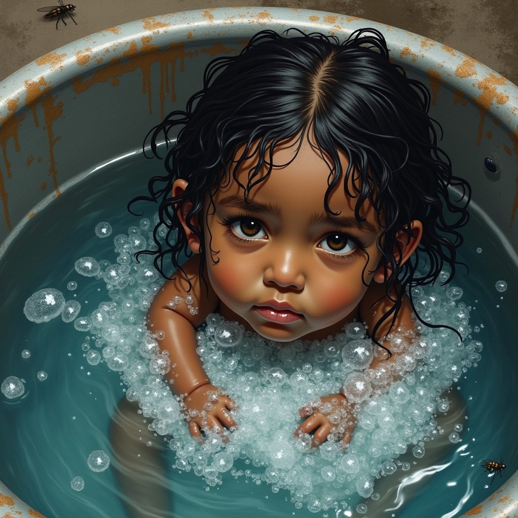 A child is submerged in a metal drum filled with water. Bubbles surround the child in the water. The scene evokes emotions of nostalgia and struggle. The environment is cluttered with hints of family and cultural elements.