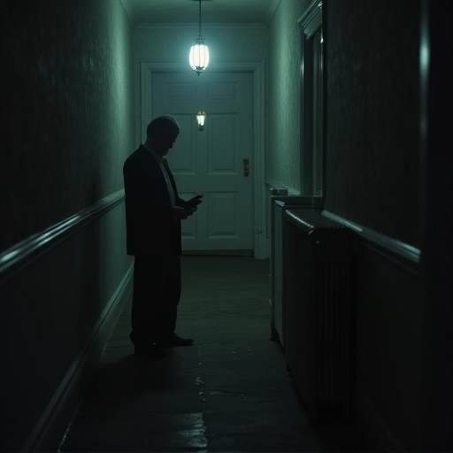 Middle age white man holds an identification in a dimly lit hallway. The hallway features vintage beams and illuminated lamps. The atmosphere is mysterious and suspenseful. Background is dark and inviting curiosity.